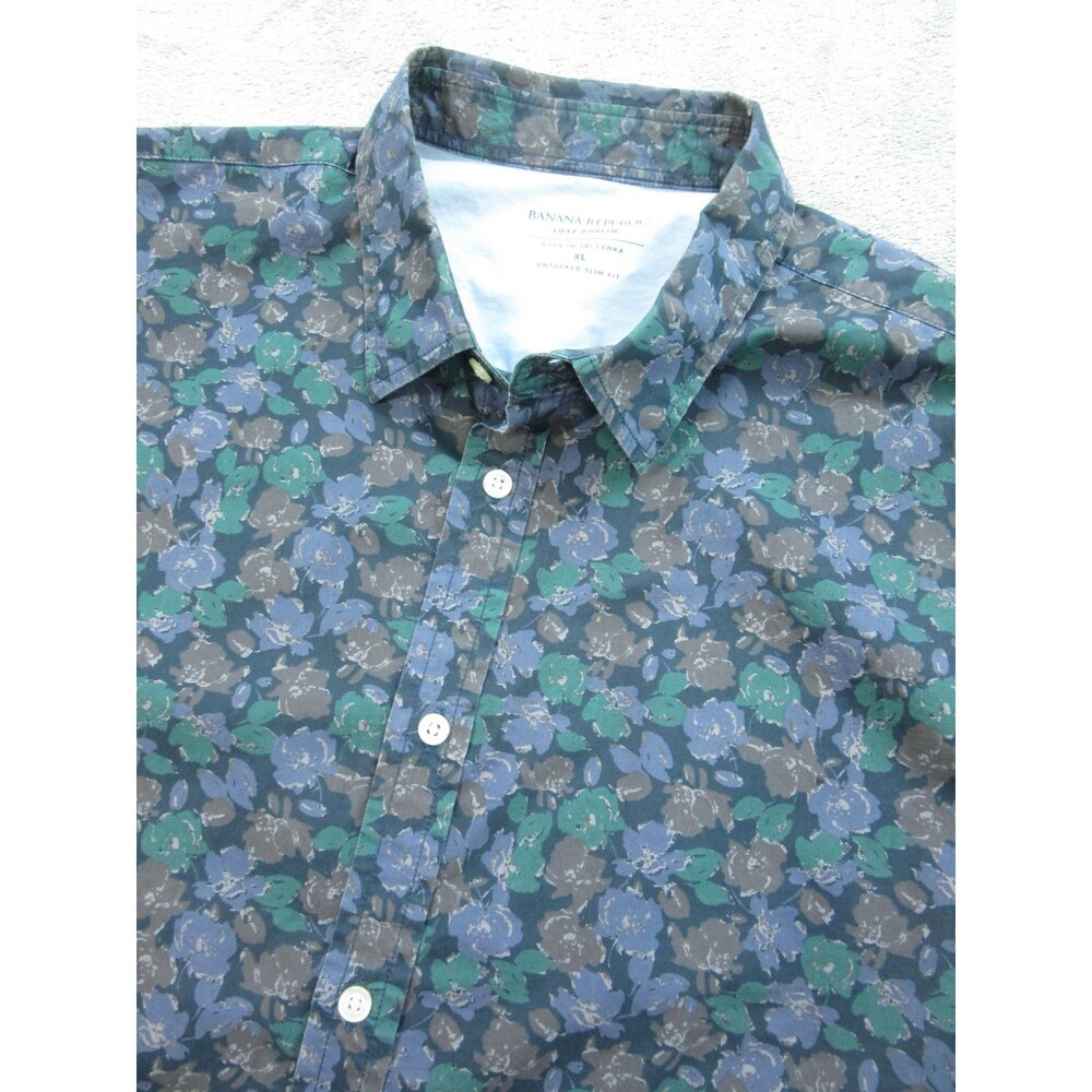 Banana Republic Shirt Men's XL Untucked Slim Fit Floral Print Blue Green Preppy